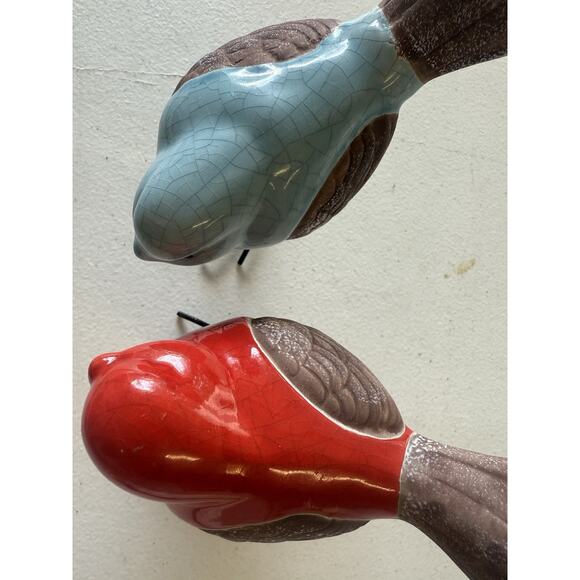 Ceramic Crackle Glazed Garden Bird Metal Feet Blue Jay Red Bird Cardinal 4"×5" - Picture 4 of 9